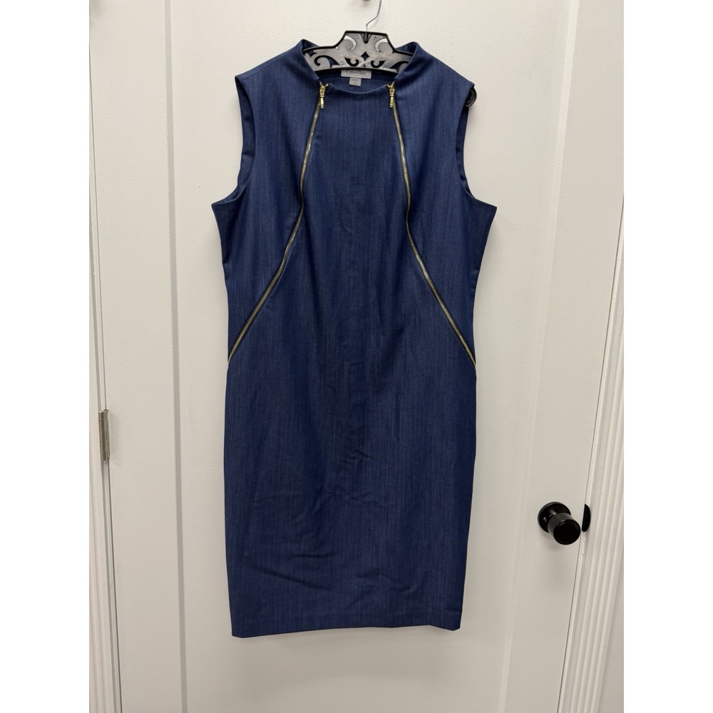 Calvin Klein Blue Denim Sleeveless Mod Sheath Dress Gold Zipper Detail Size 14